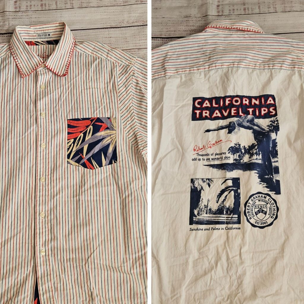 Robert Graham Short Sleeve Pin Striped California Travel Tips Graphic Button Up